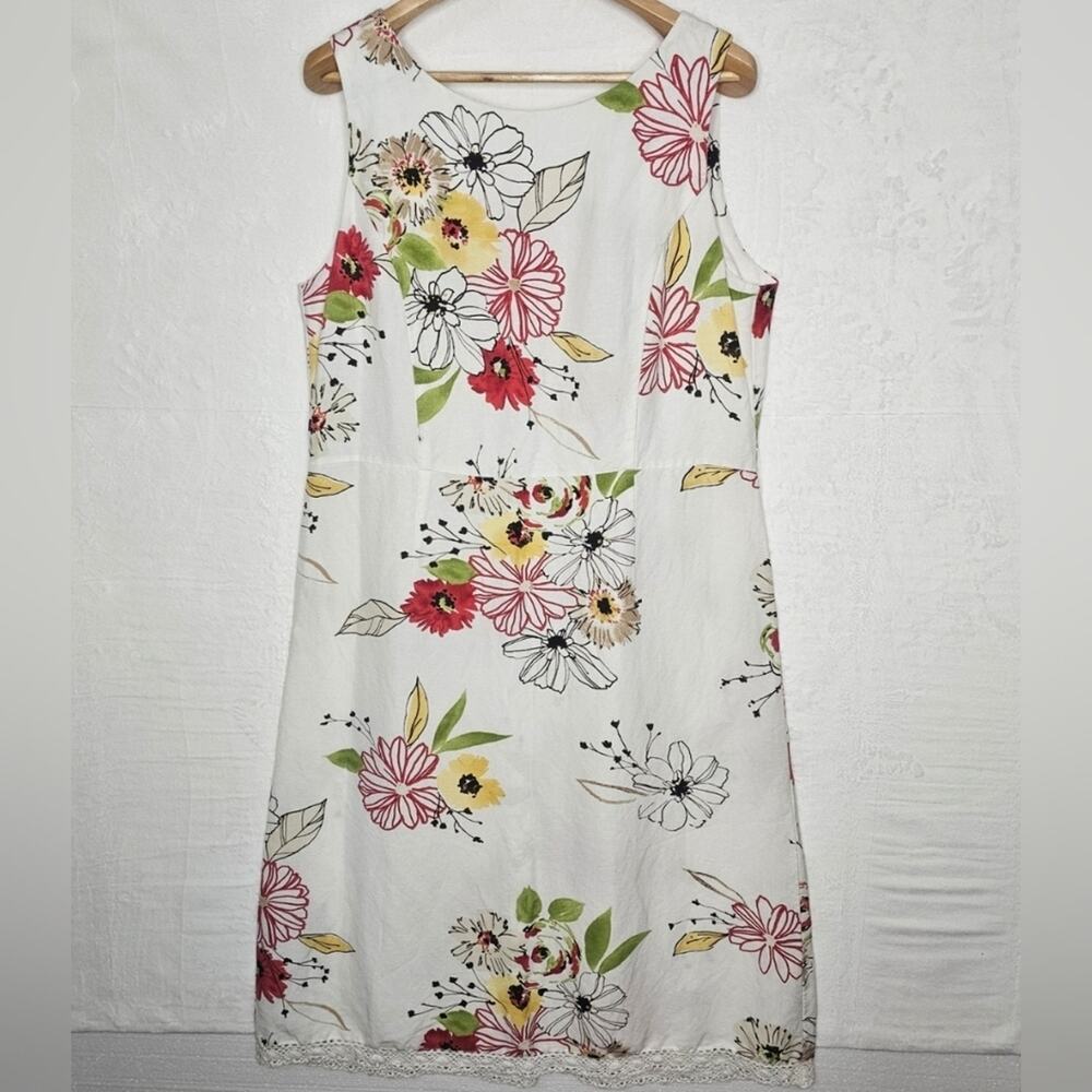 Whimsical Artsy Midi Floral Dress sz 18 Zip-up back, crocheted Lace Bottom Trim